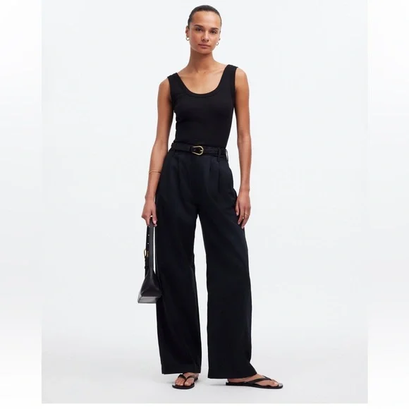 Madewell The Harlow High Rise Wide-Leg Linen-Blend Trouser Pant in True Black - Picture 1 of 9